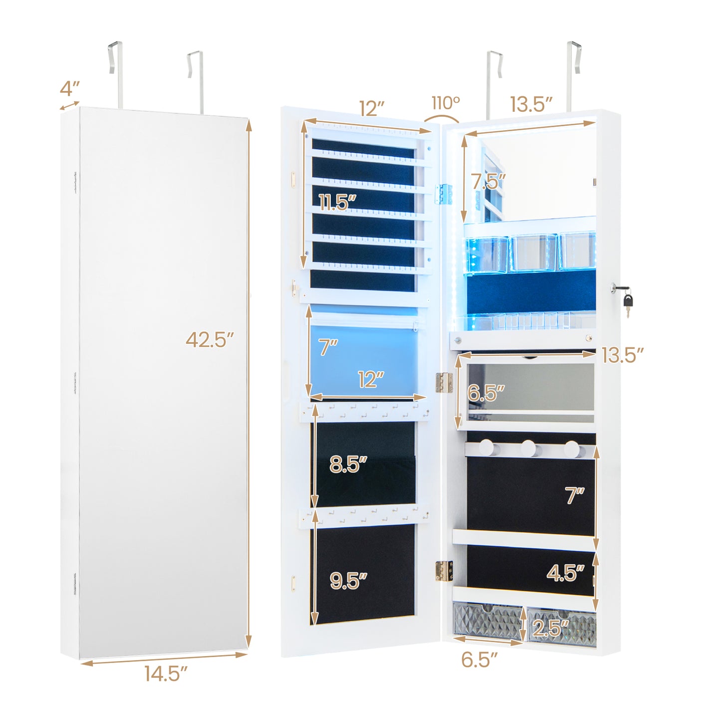 Wall Mounted Jewelry Armoire with Frameless Full-Length Mirror and Lockable Storage – White
