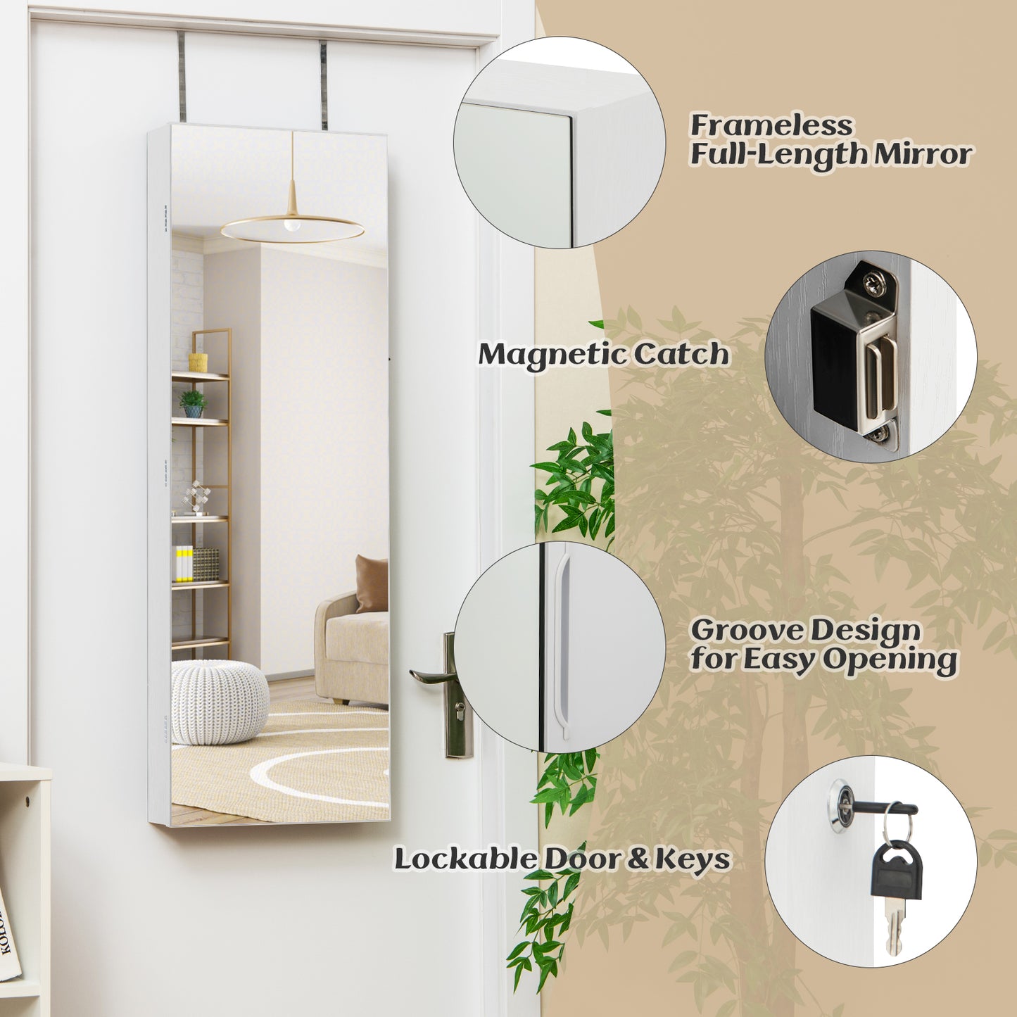 Wall Mounted Jewelry Armoire with Frameless Full-Length Mirror and Lockable Storage – White