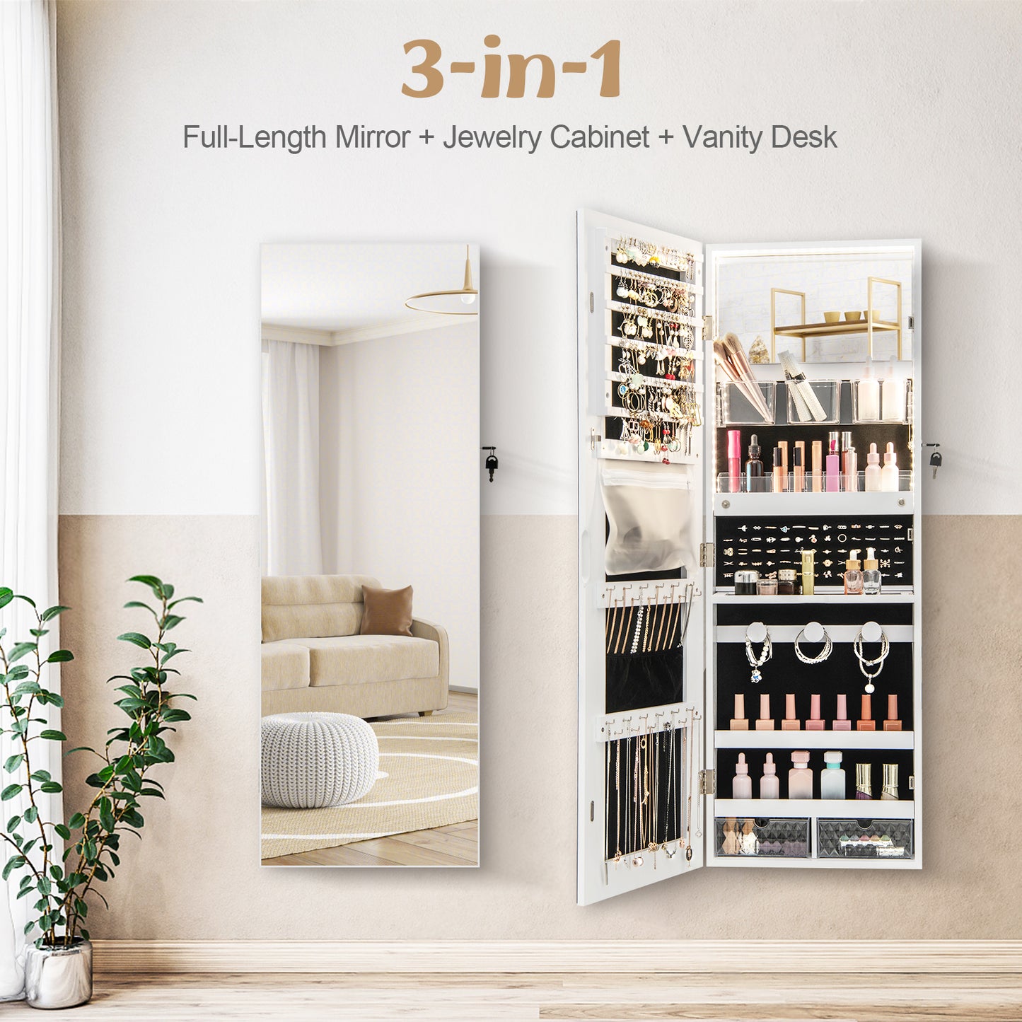 Wall Mounted Jewelry Armoire with Frameless Full-Length Mirror and Lockable Storage – White