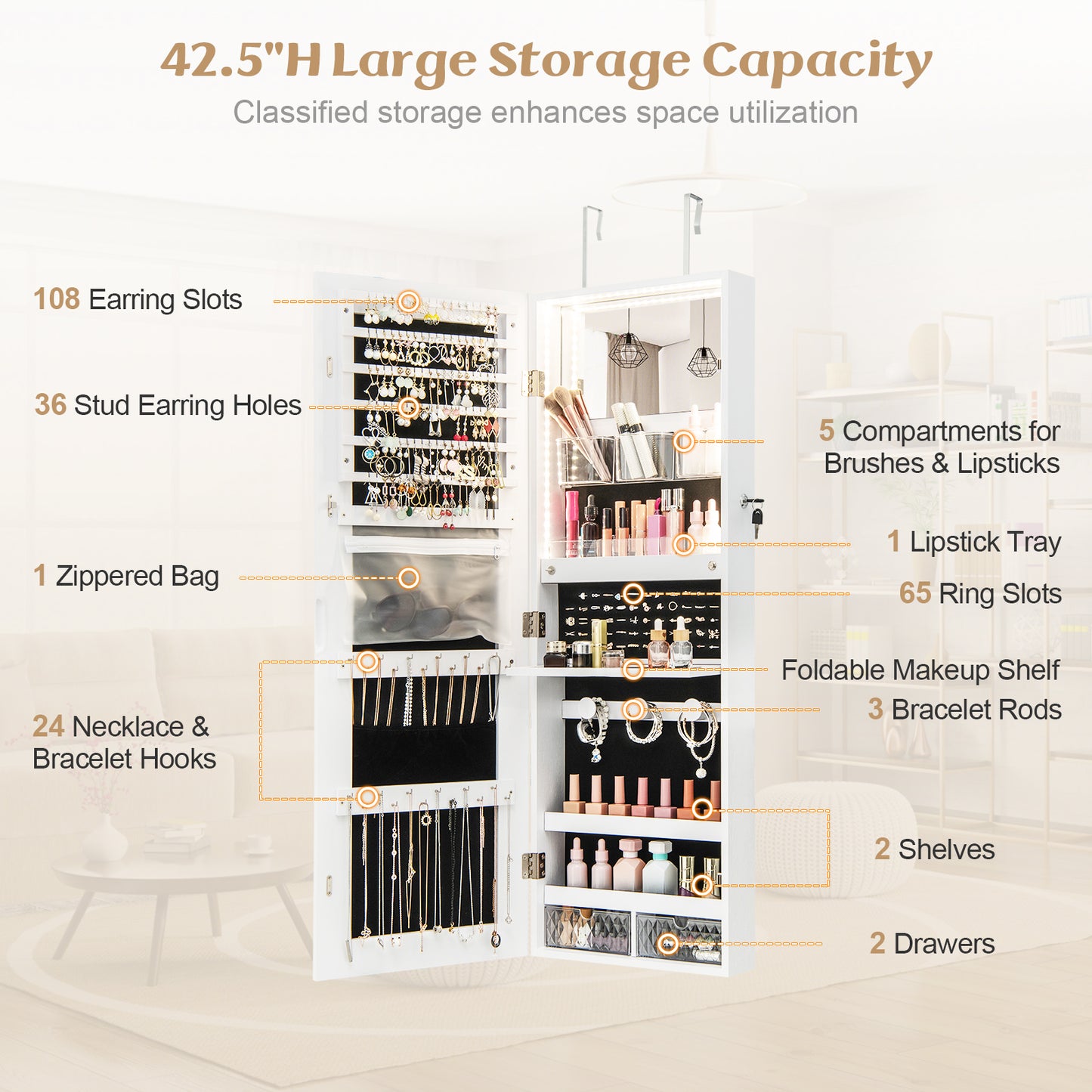 Wall Mounted Jewelry Armoire with Frameless Full-Length Mirror and Lockable Storage – White