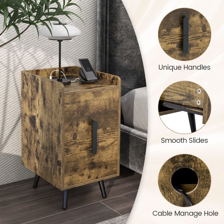 Modern Nightstand Side Table with 2 Drawers and 2 USB Ports – Rustic Brown