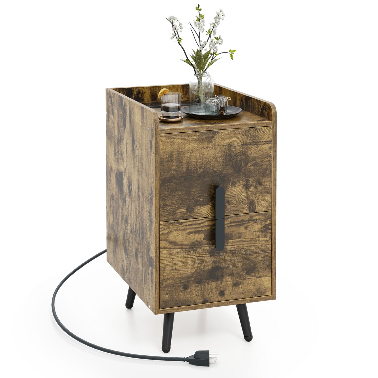 Modern Nightstand Side Table with 2 Drawers and 2 USB Ports – Rustic Brown