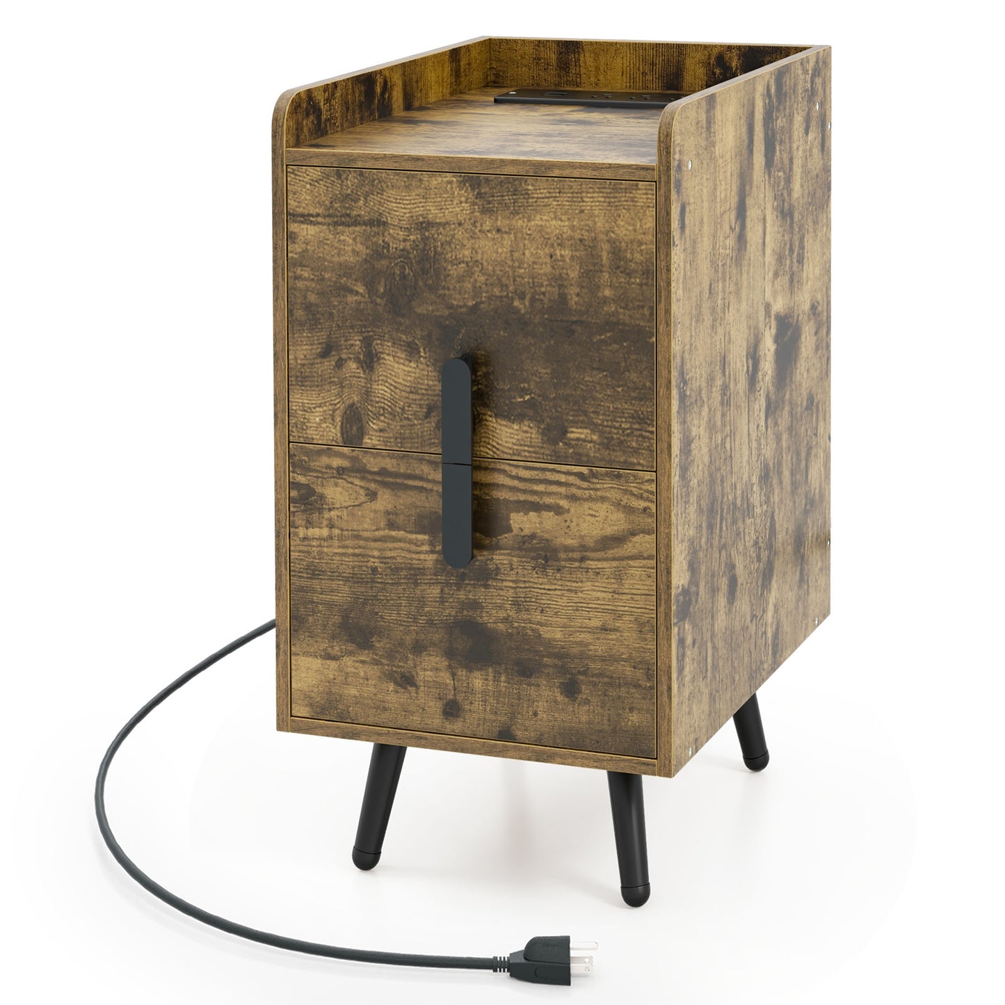 Modern Nightstand Side Table with 2 Drawers and 2 USB Ports – Rustic Brown