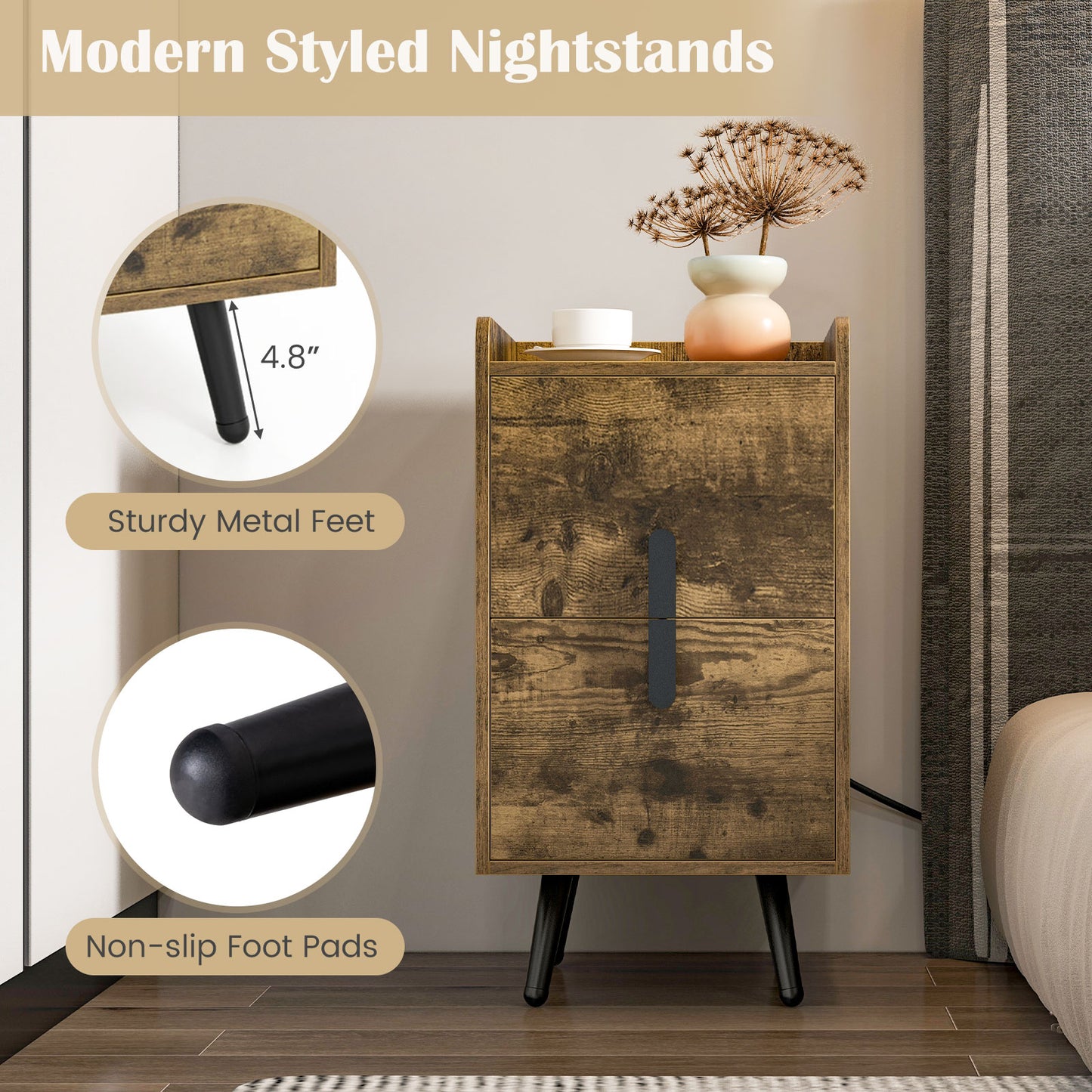 Modern Nightstand Side Table with 2 Drawers and 2 USB Ports – Rustic Brown