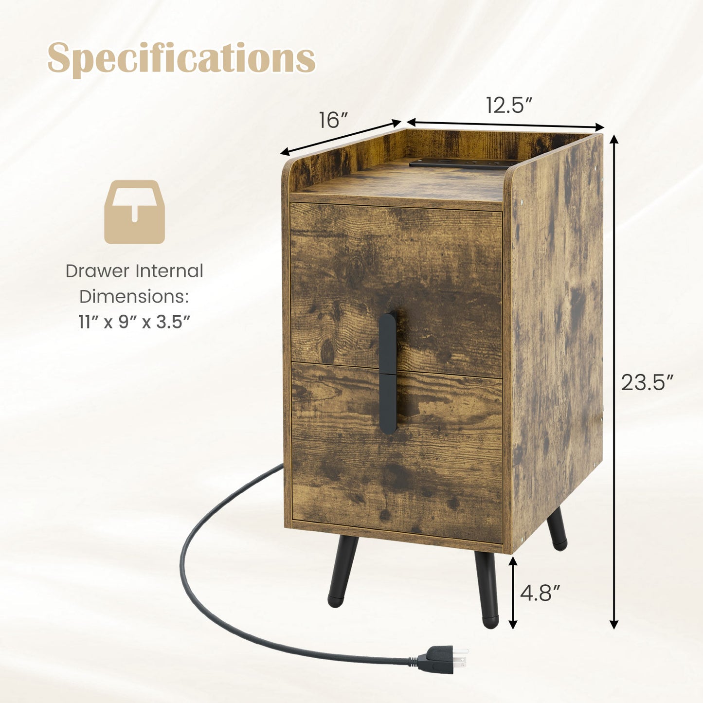 Modern Nightstand Side Table with 2 Drawers and 2 USB Ports – Rustic Brown