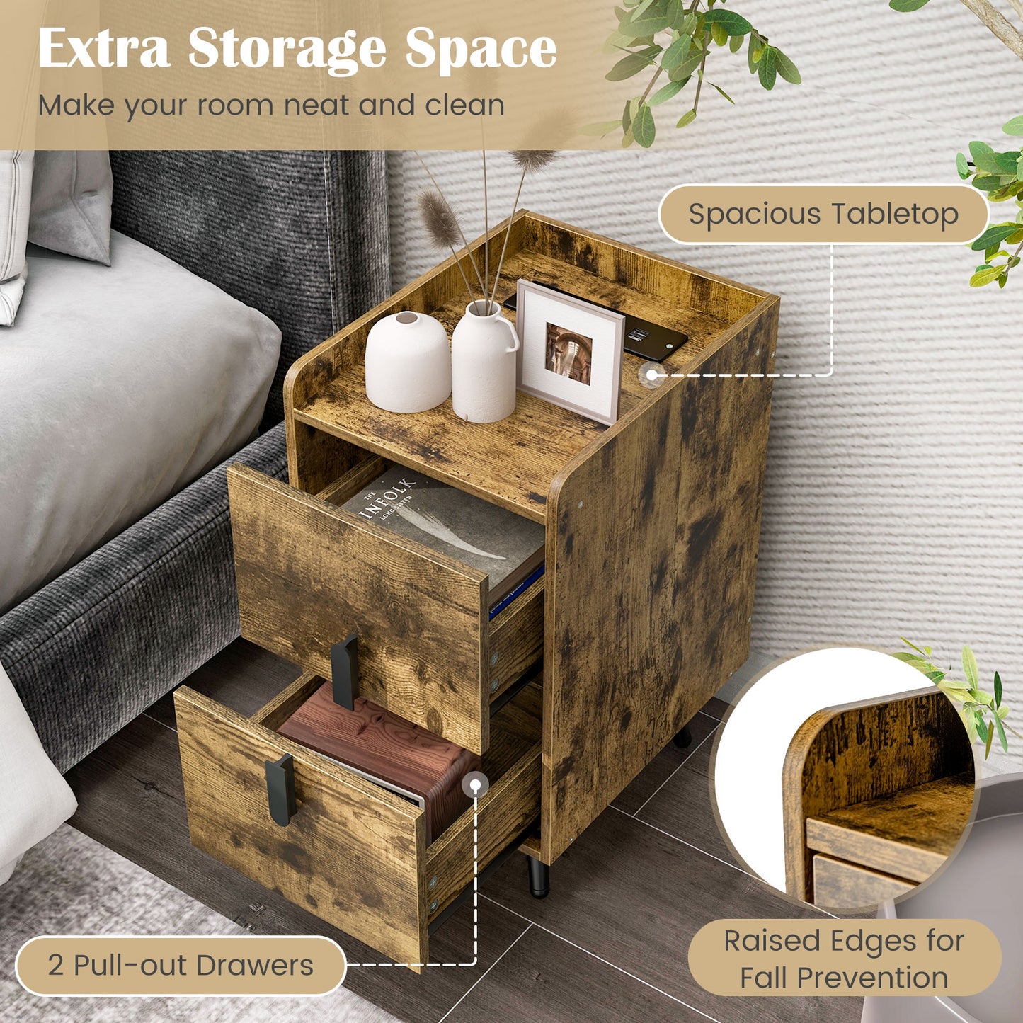 Modern Nightstand Side Table with 2 Drawers and 2 USB Ports – Rustic Brown