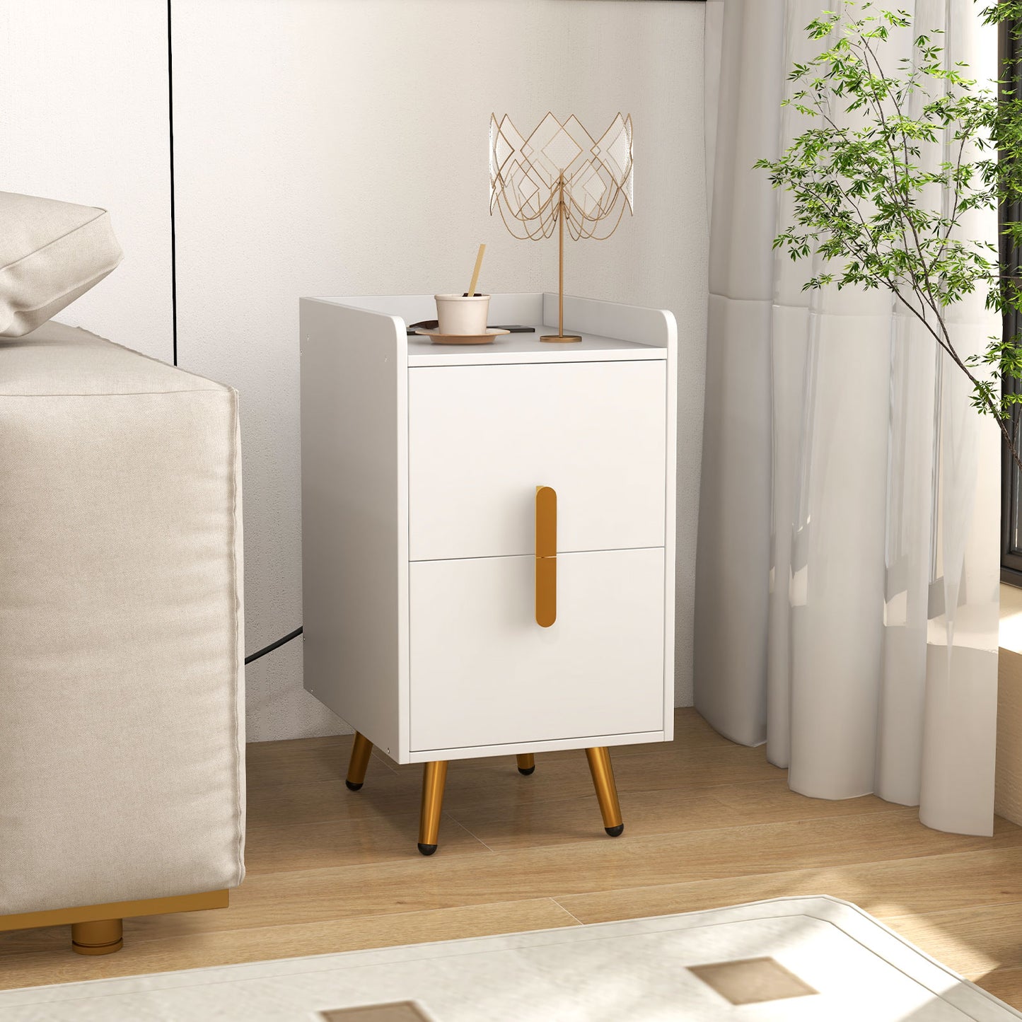 Modern Nightstand Side Table with 2 Drawers and 2 USB Ports – White