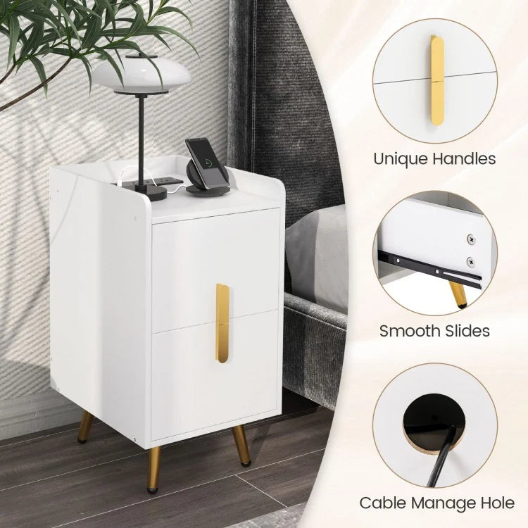Modern Nightstand Side Table with 2 Drawers and 2 USB Ports – White