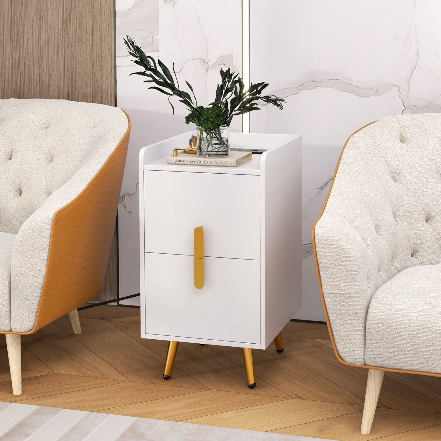 Modern Nightstand Side Table with 2 Drawers and 2 USB Ports – White