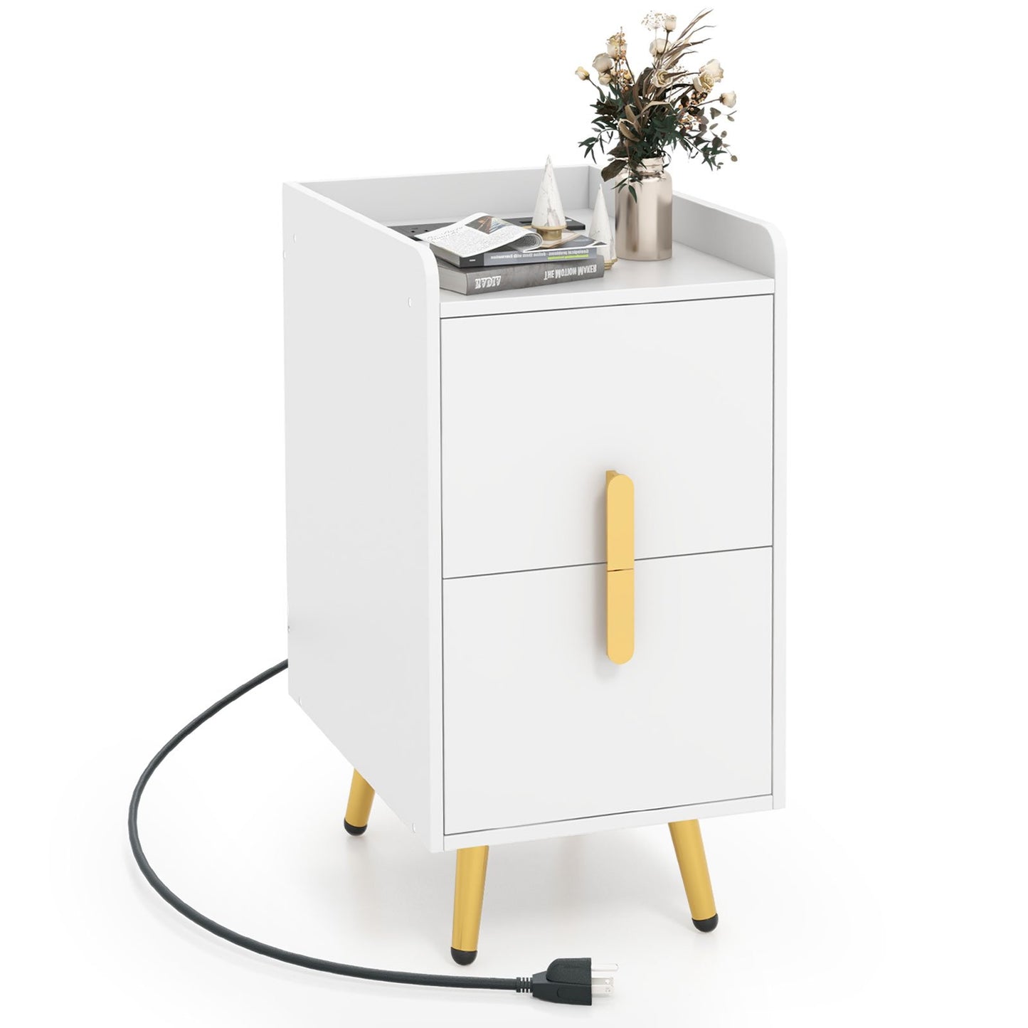 Modern Nightstand Side Table with 2 Drawers and 2 USB Ports – White