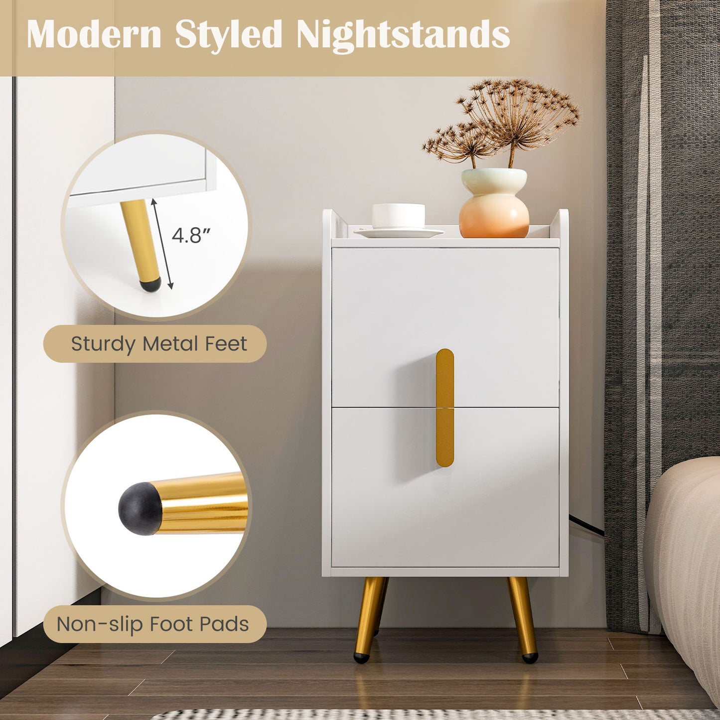 Modern Nightstand Side Table with 2 Drawers and 2 USB Ports – White