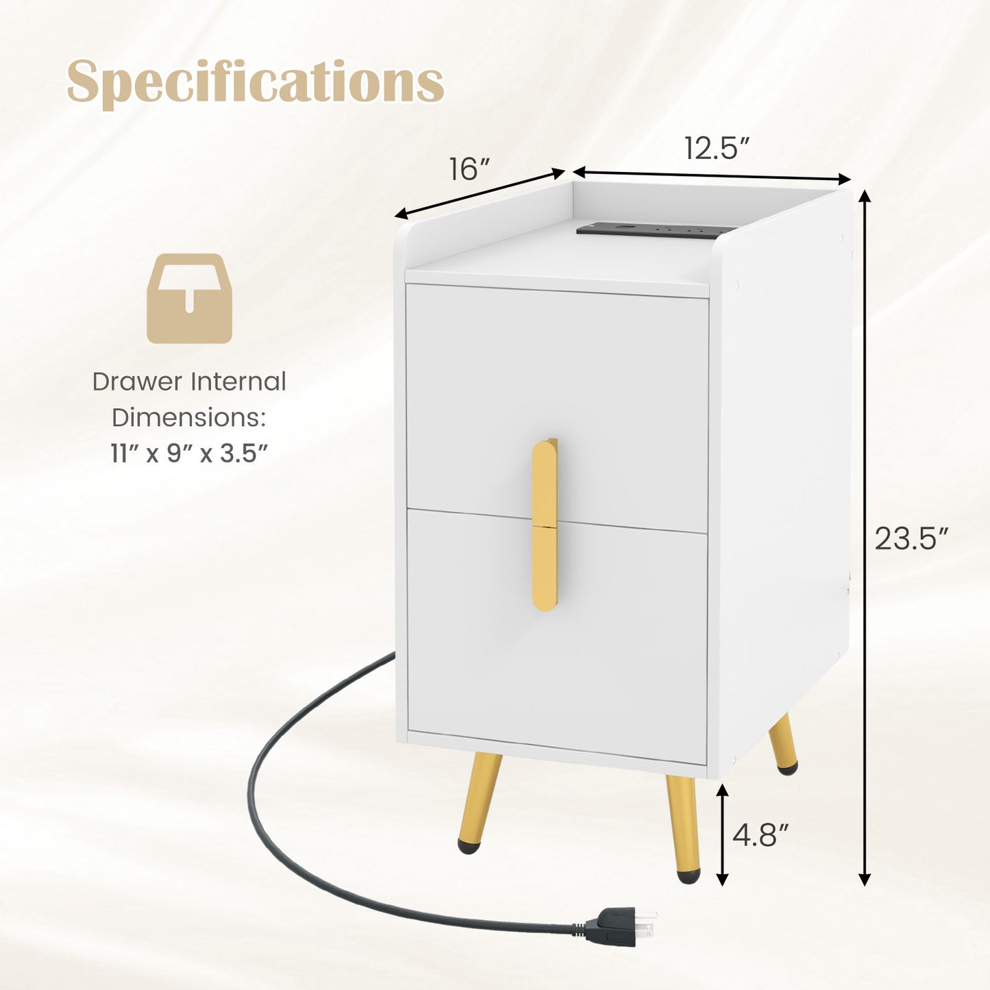 Modern Nightstand Side Table with 2 Drawers and 2 USB Ports – White