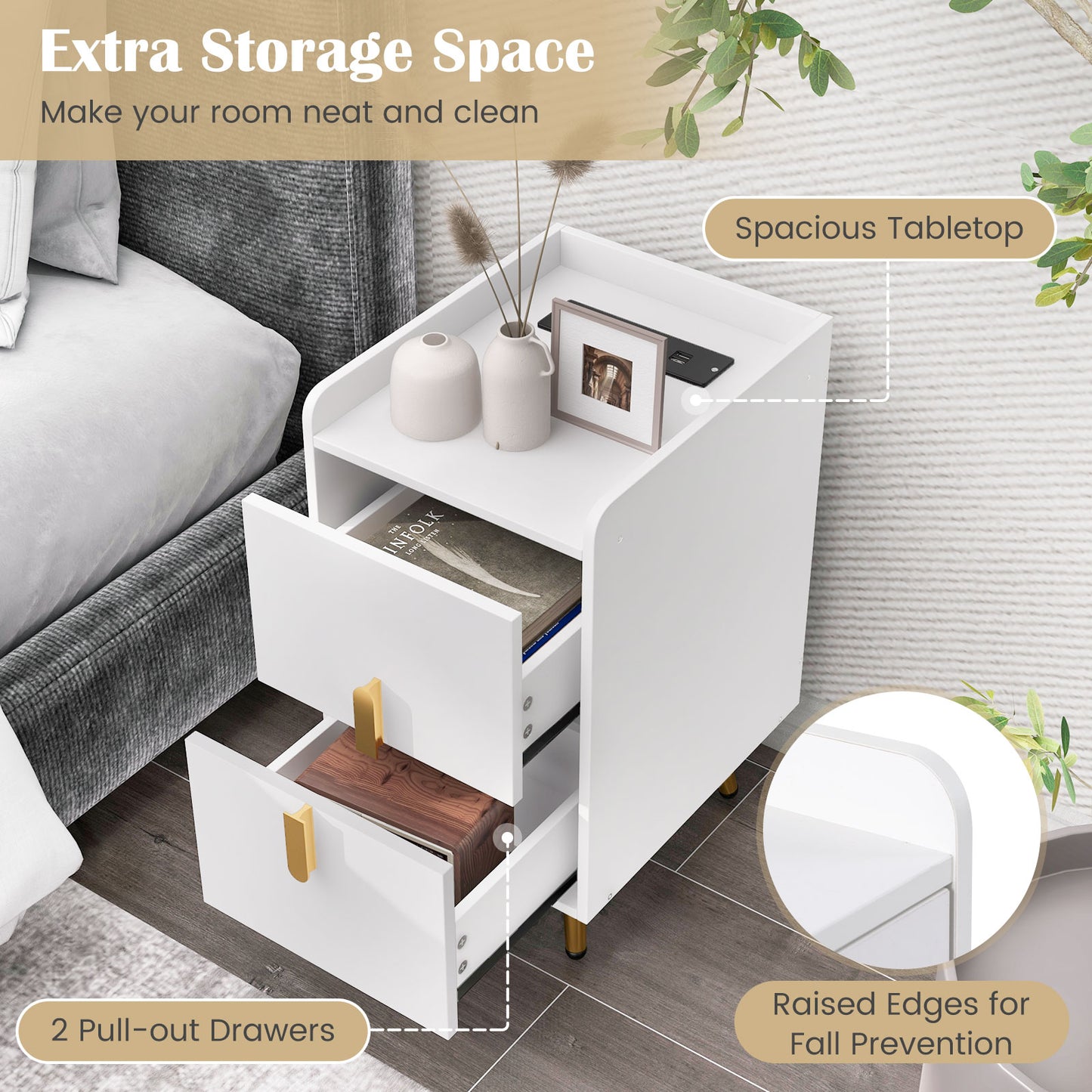 Modern Nightstand Side Table with 2 Drawers and 2 USB Ports – White