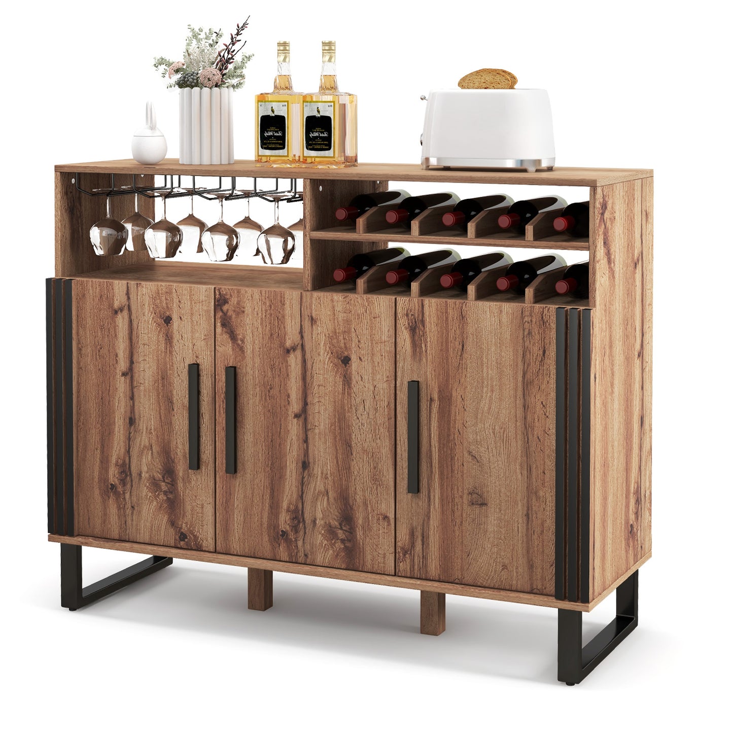 Elegant Wine Storage Cabinet with Adjustable Shelves and Triple Door Design for Home Bar