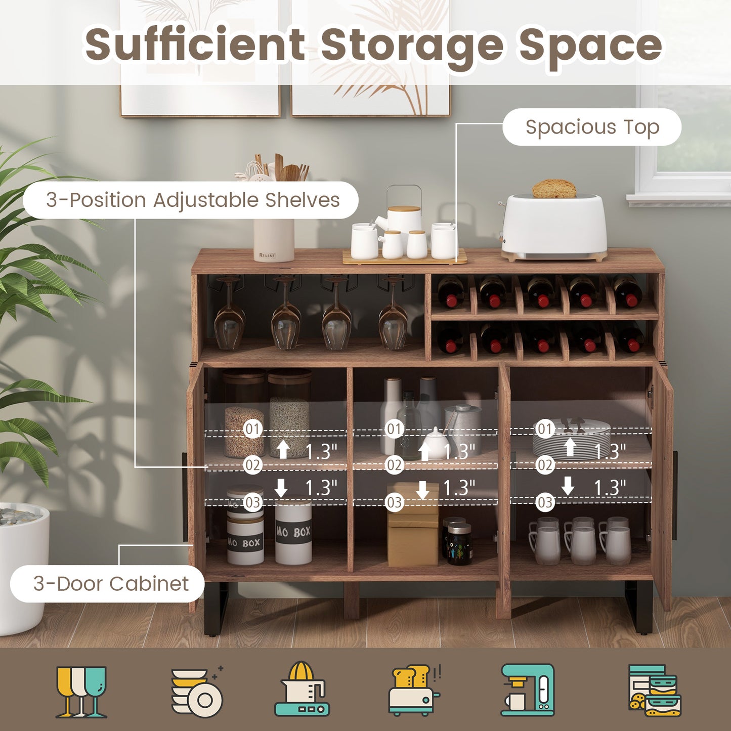 Elegant Wine Storage Cabinet with Adjustable Shelves and Triple Door Design for Home Bar