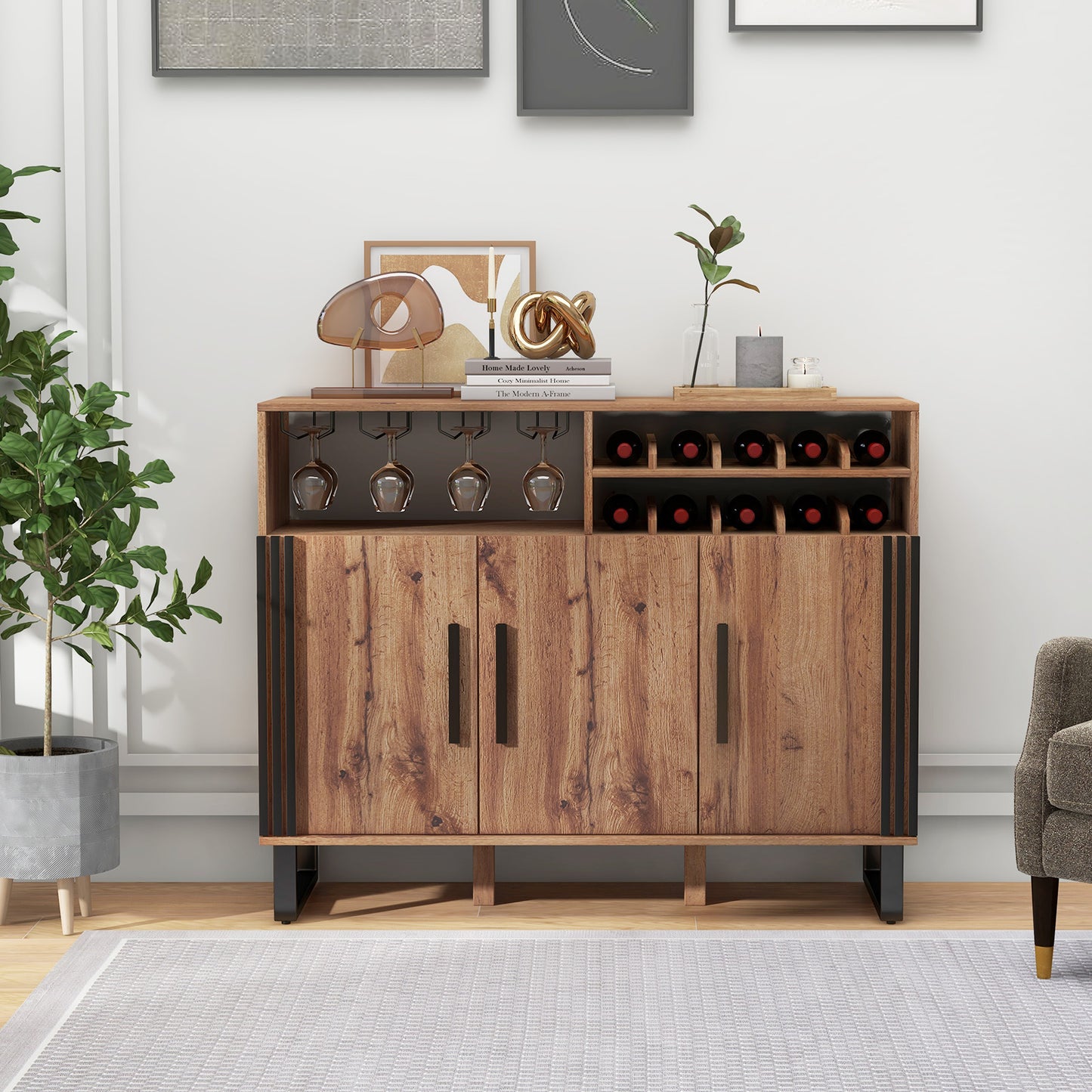 Elegant Wine Storage Cabinet with Adjustable Shelves and Triple Door Design for Home Bar