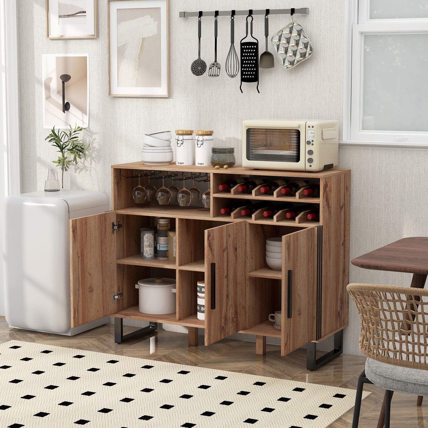 Elegant Wine Storage Cabinet with Adjustable Shelves and Triple Door Design for Home Bar