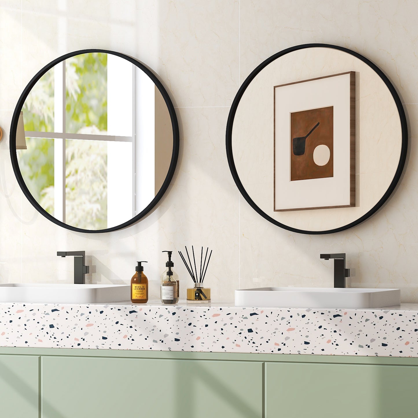 24 Inch Black Circle Bathroom Mirror with Shatterproof Glass and Explosion-Proof Film
