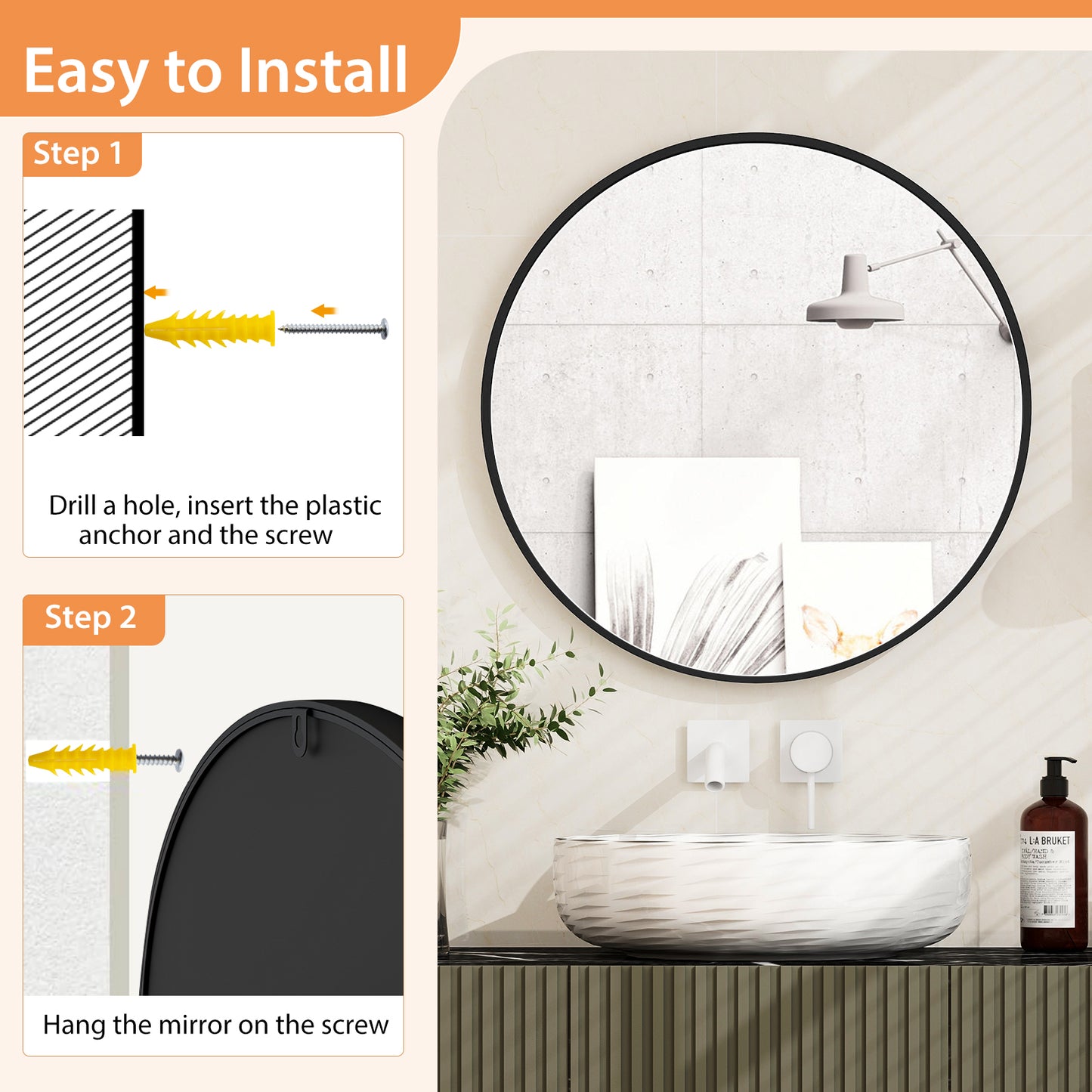 24 Inch Black Circle Bathroom Mirror with Shatterproof Glass and Explosion-Proof Film