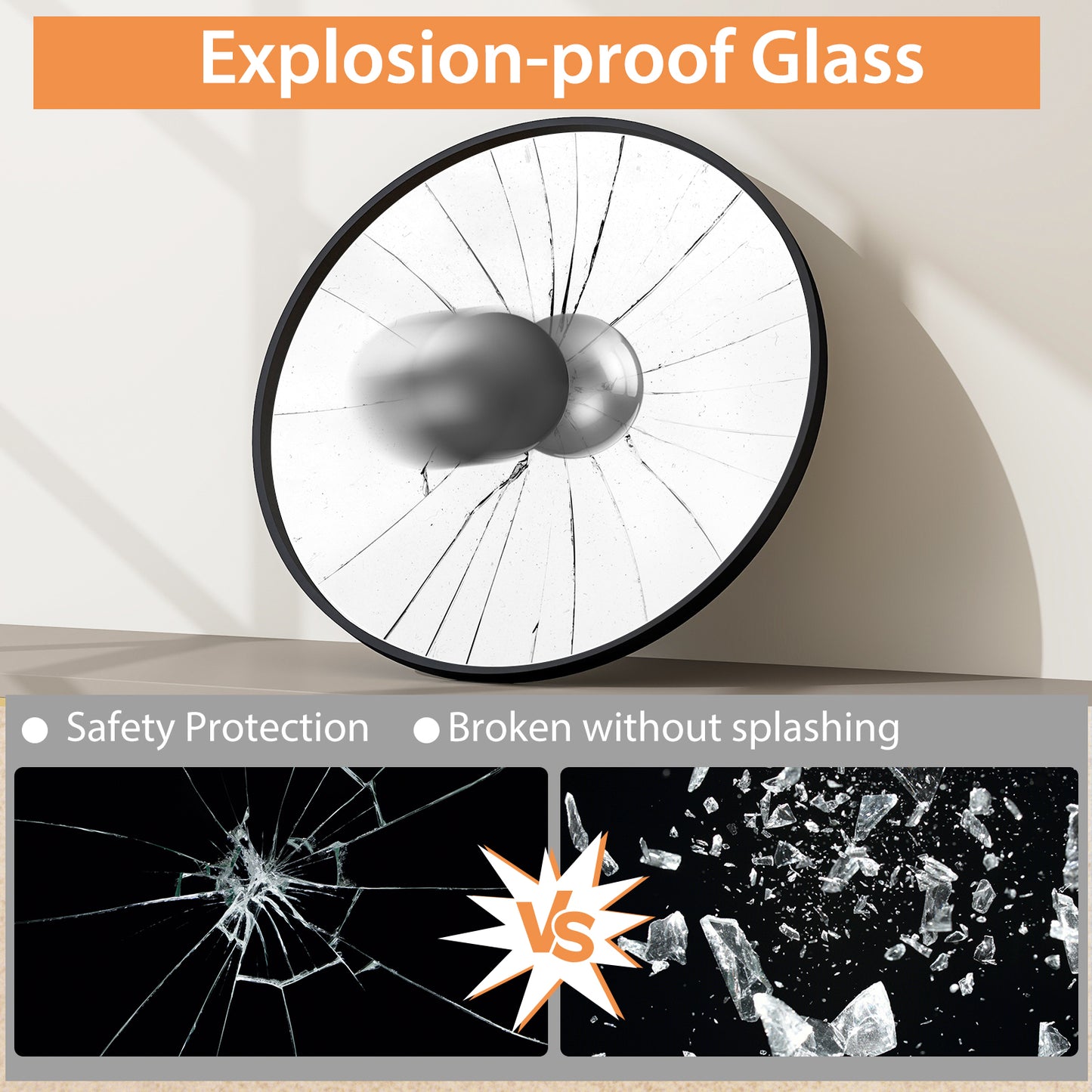 24 Inch Black Circle Bathroom Mirror with Shatterproof Glass and Explosion-Proof Film