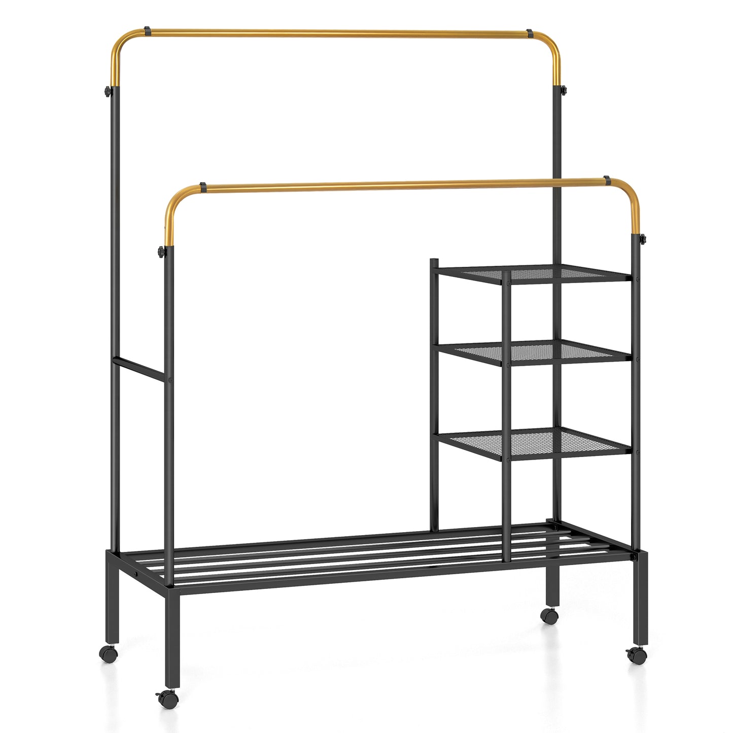 Rolling Double Rod Garment Rack with Adjustable Height, Shelves & Gold Finish - Portable Clothing Organizer