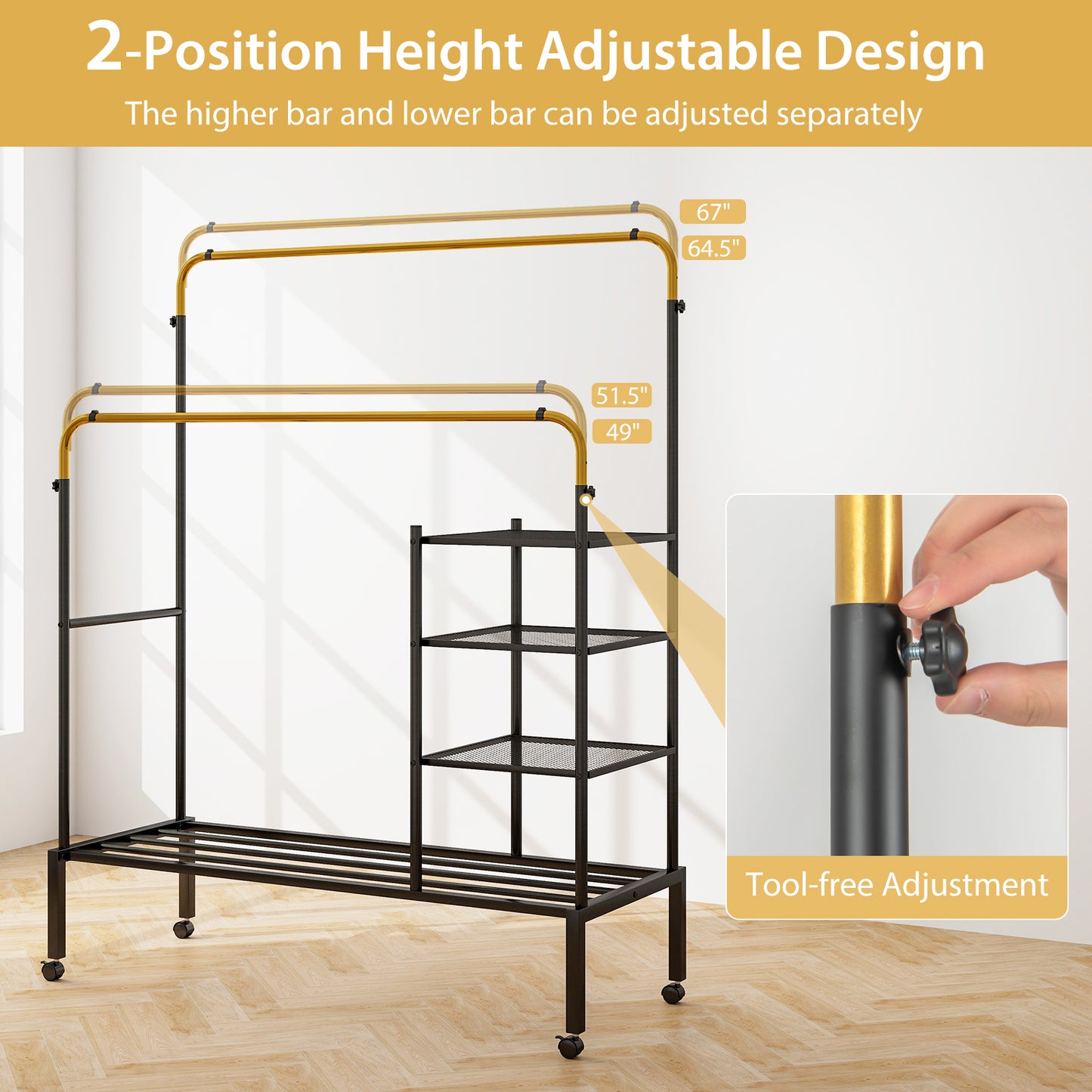 Rolling Double Rod Garment Rack with Adjustable Height, Shelves & Gold Finish - Portable Clothing Organizer