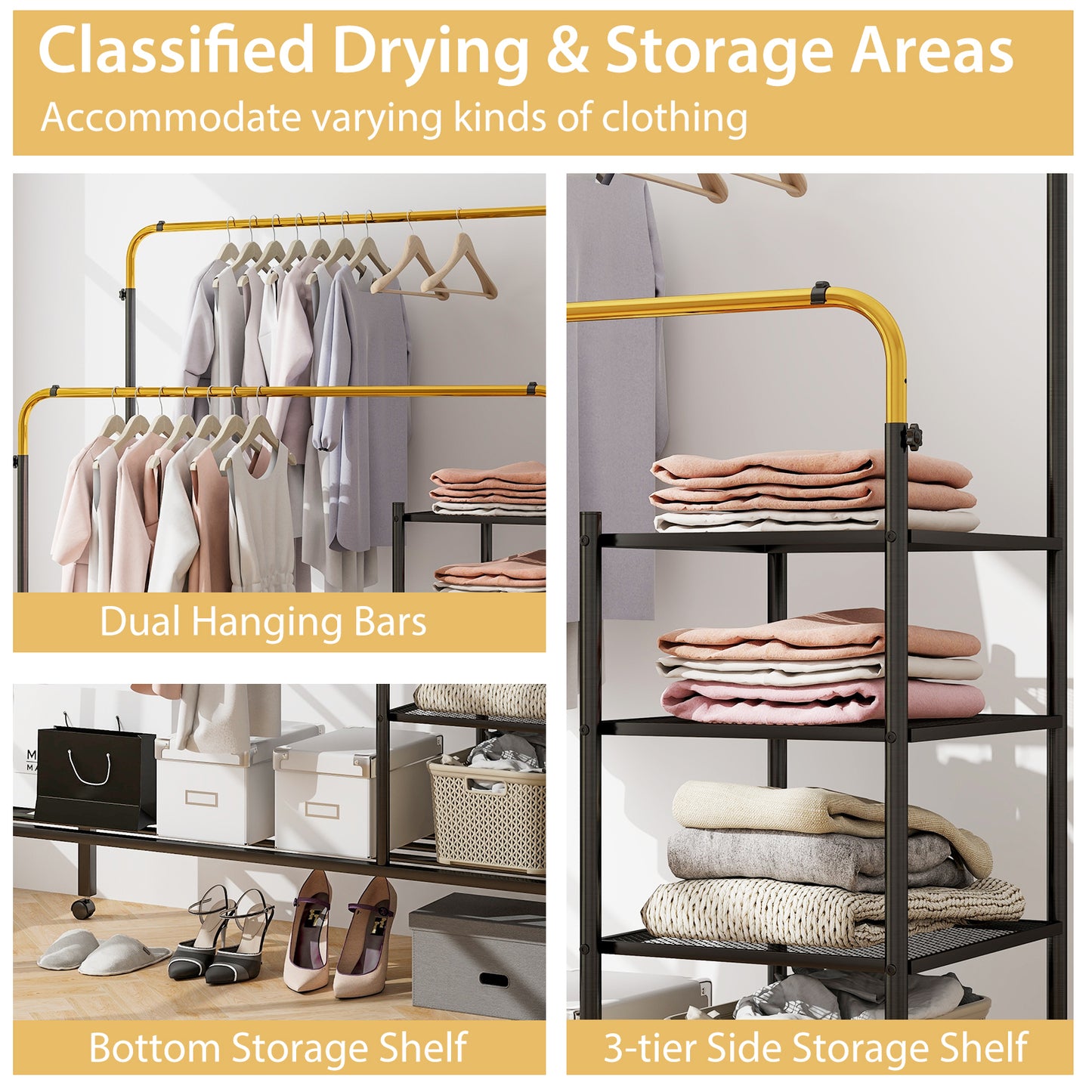 Rolling Double Rod Garment Rack with Adjustable Height, Shelves & Gold Finish - Portable Clothing Organizer