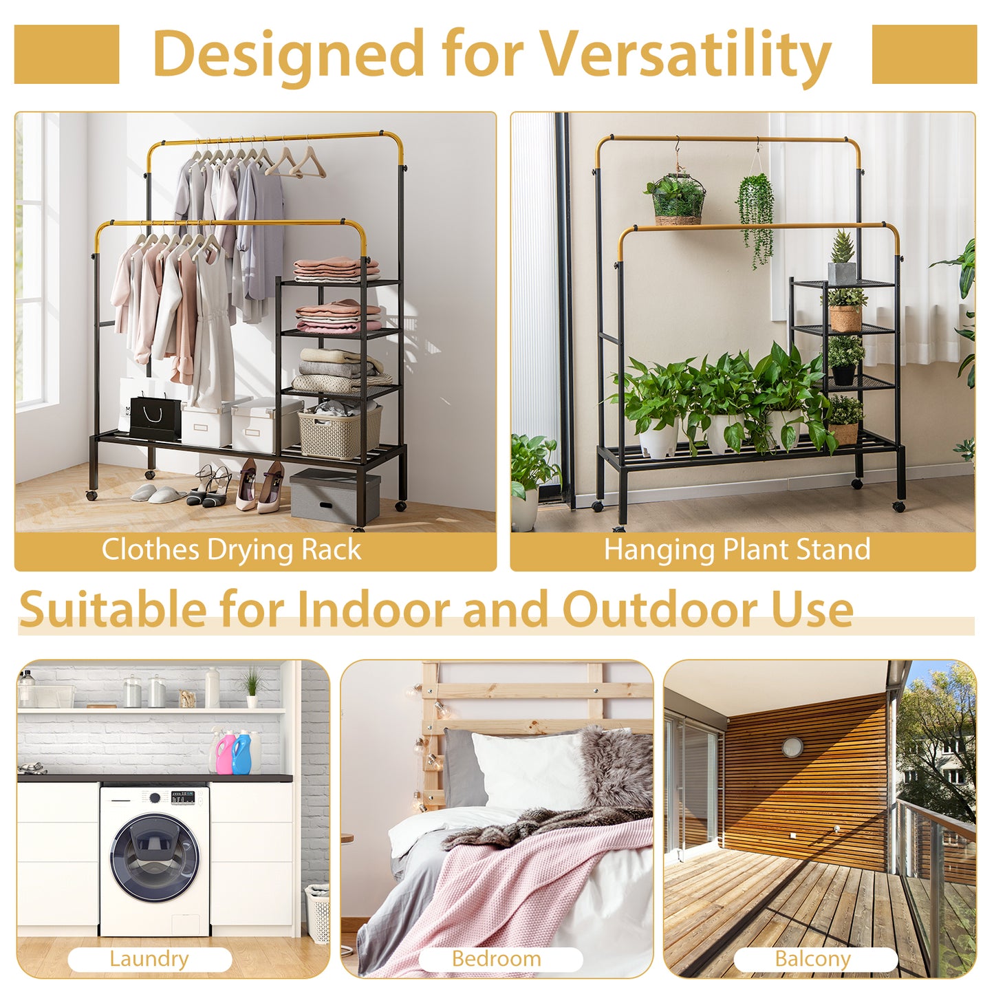 Rolling Double Rod Garment Rack with Adjustable Height, Shelves & Gold Finish - Portable Clothing Organizer