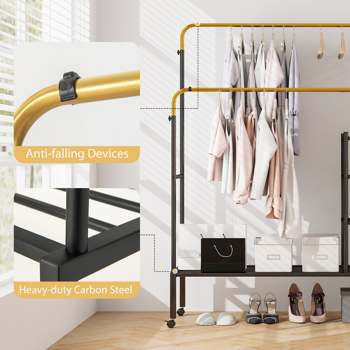 Rolling Double Rod Garment Rack with Adjustable Height, Shelves & Gold Finish - Portable Clothing Organizer