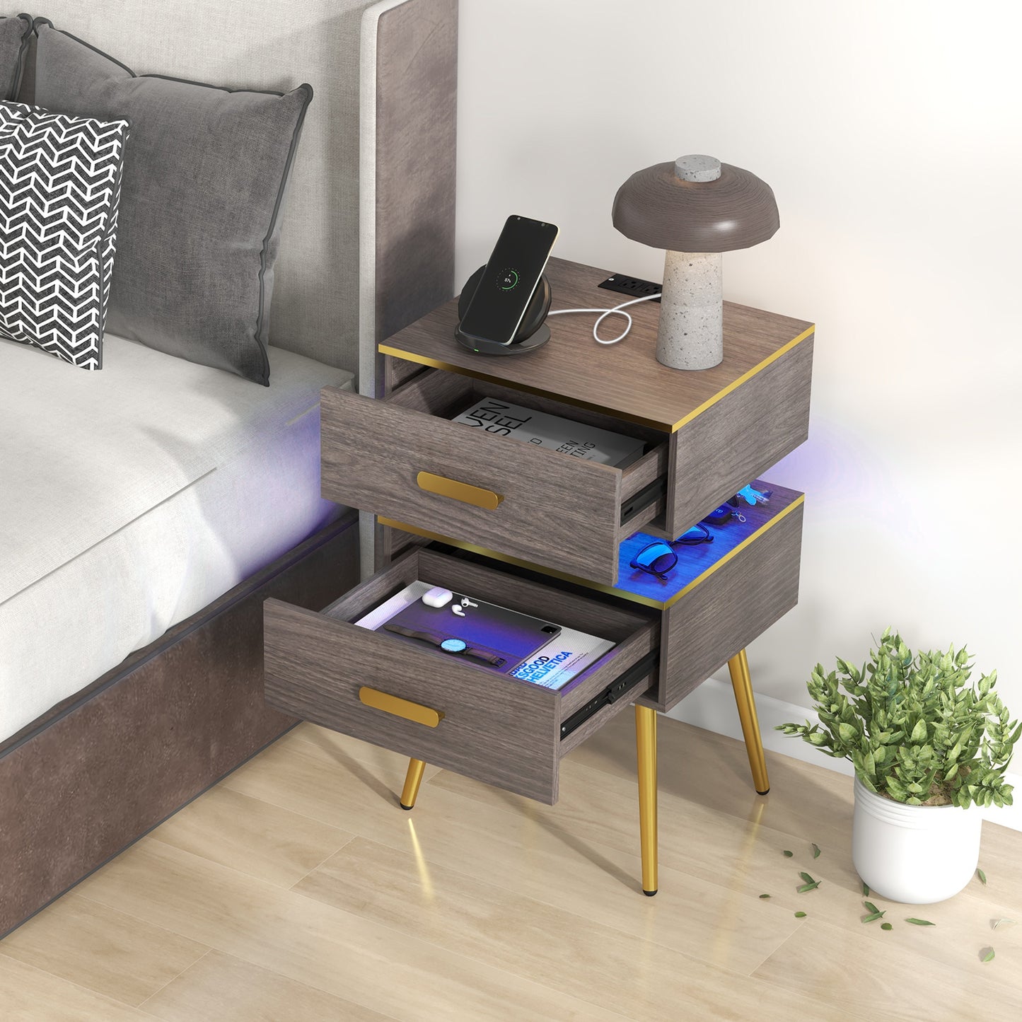 Modern Nightstand with Charging Station, 2 Drawers & LED Lights