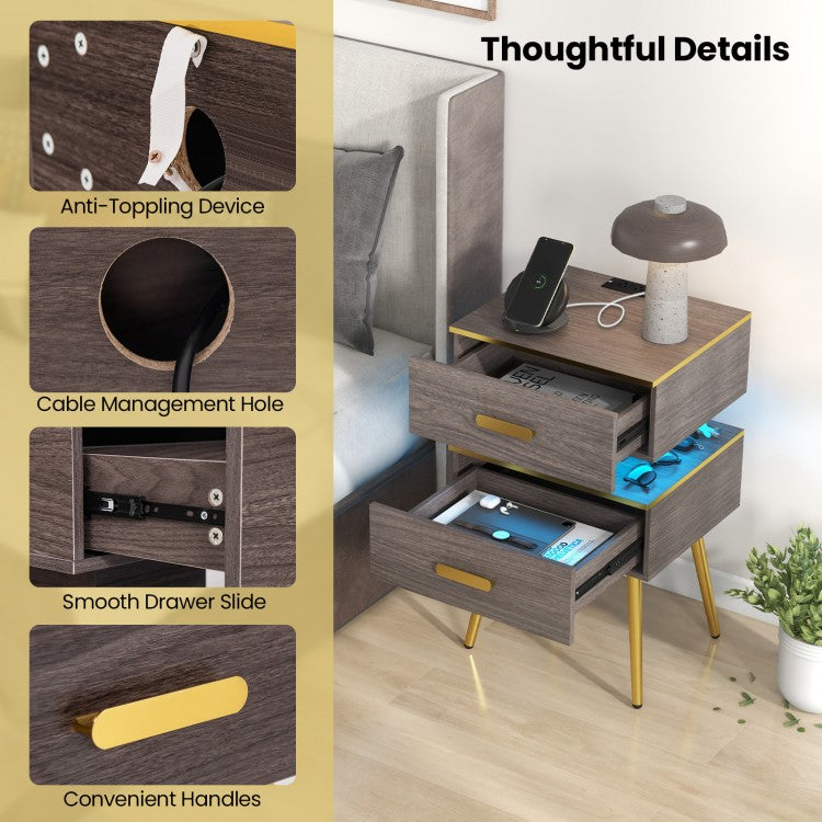 Modern Nightstand with Charging Station, 2 Drawers & LED Lights