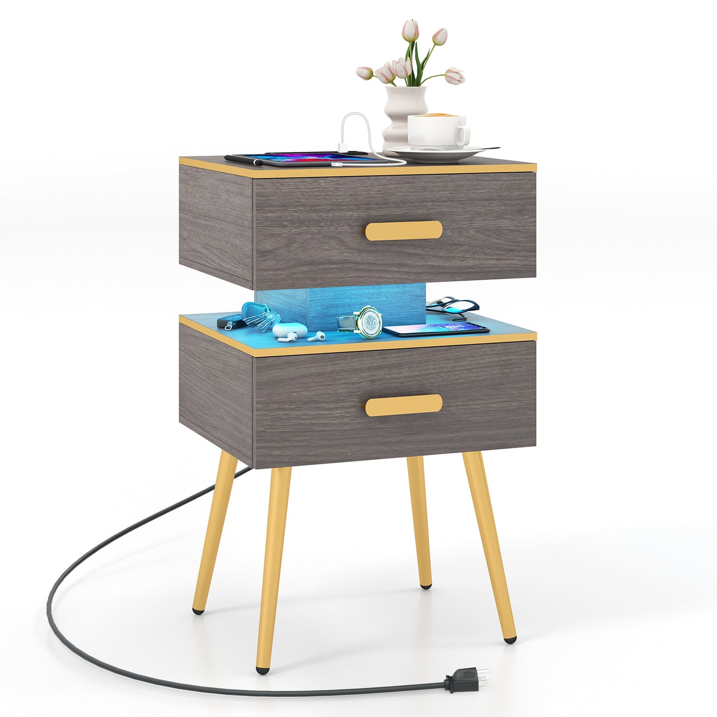 Modern Nightstand with Charging Station, 2 Drawers & LED Lights