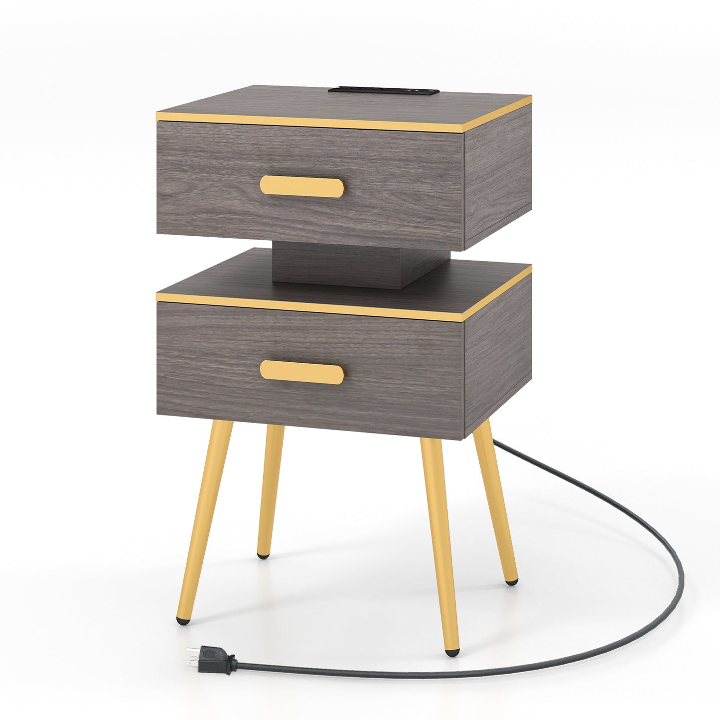 Modern Nightstand with Charging Station, 2 Drawers & LED Lights