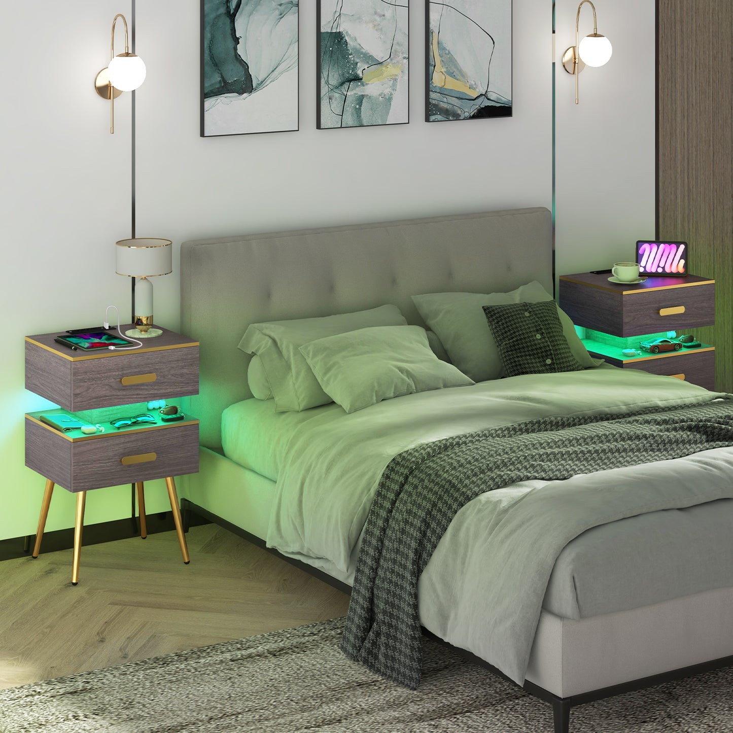 Modern Nightstand with Charging Station, 2 Drawers & LED Lights