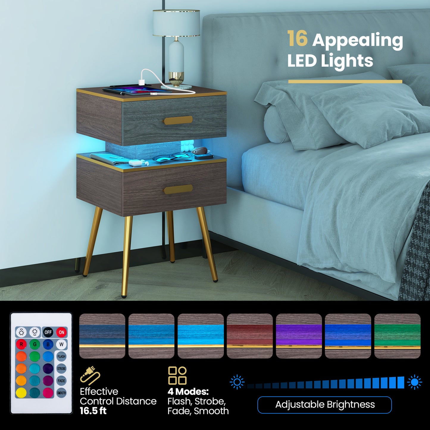 Modern Nightstand with Charging Station, 2 Drawers & LED Lights