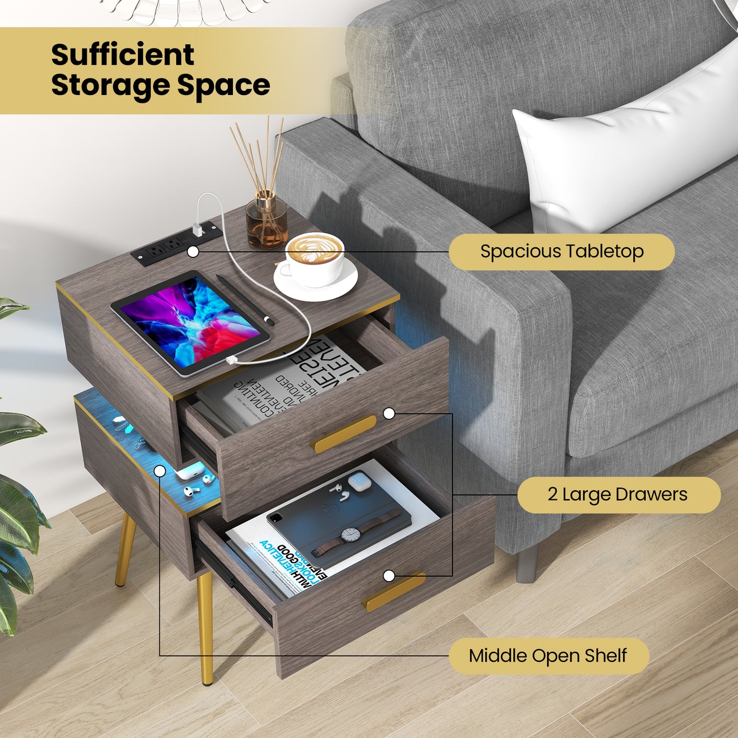 Modern Nightstand with Charging Station, 2 Drawers & LED Lights