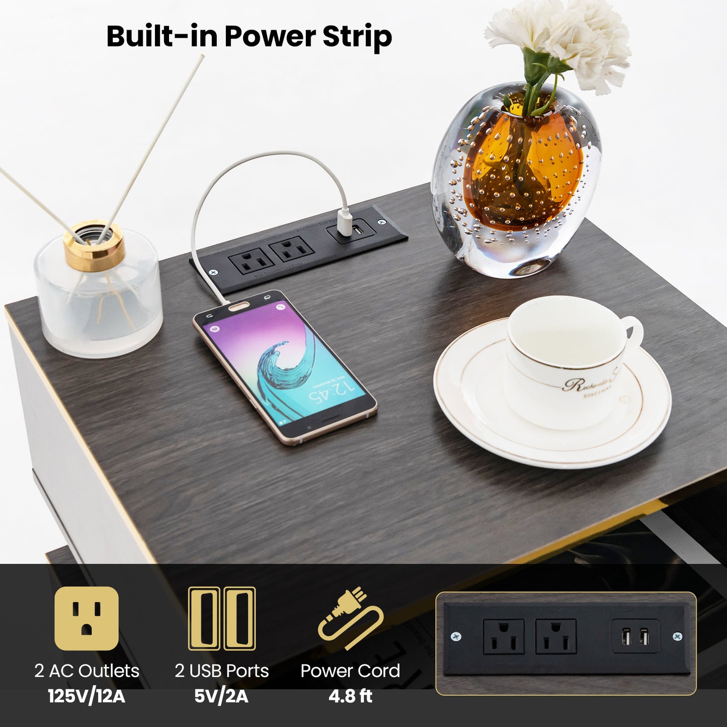 Modern Nightstand with Charging Station, 2 Drawers & LED Lights