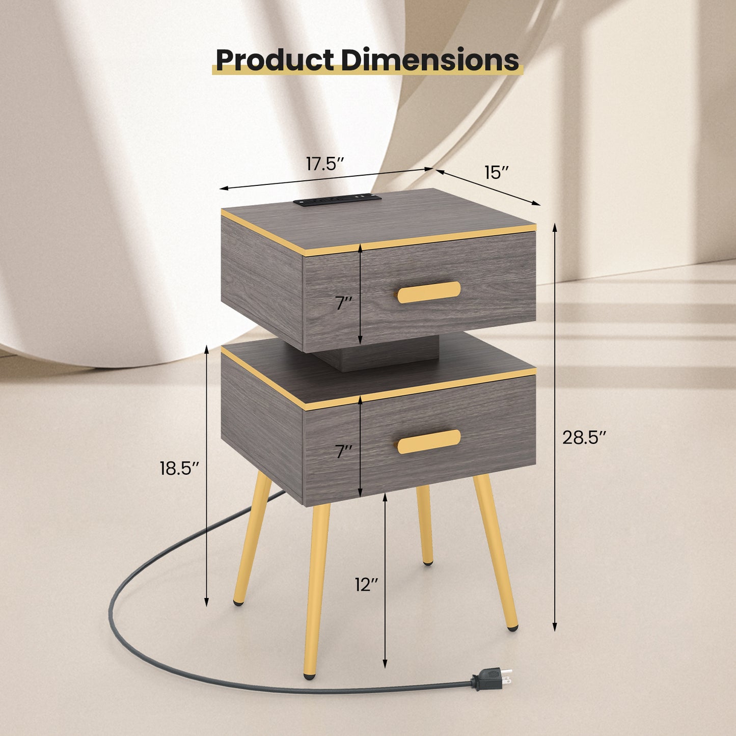 Modern Nightstand with Charging Station, 2 Drawers & LED Lights