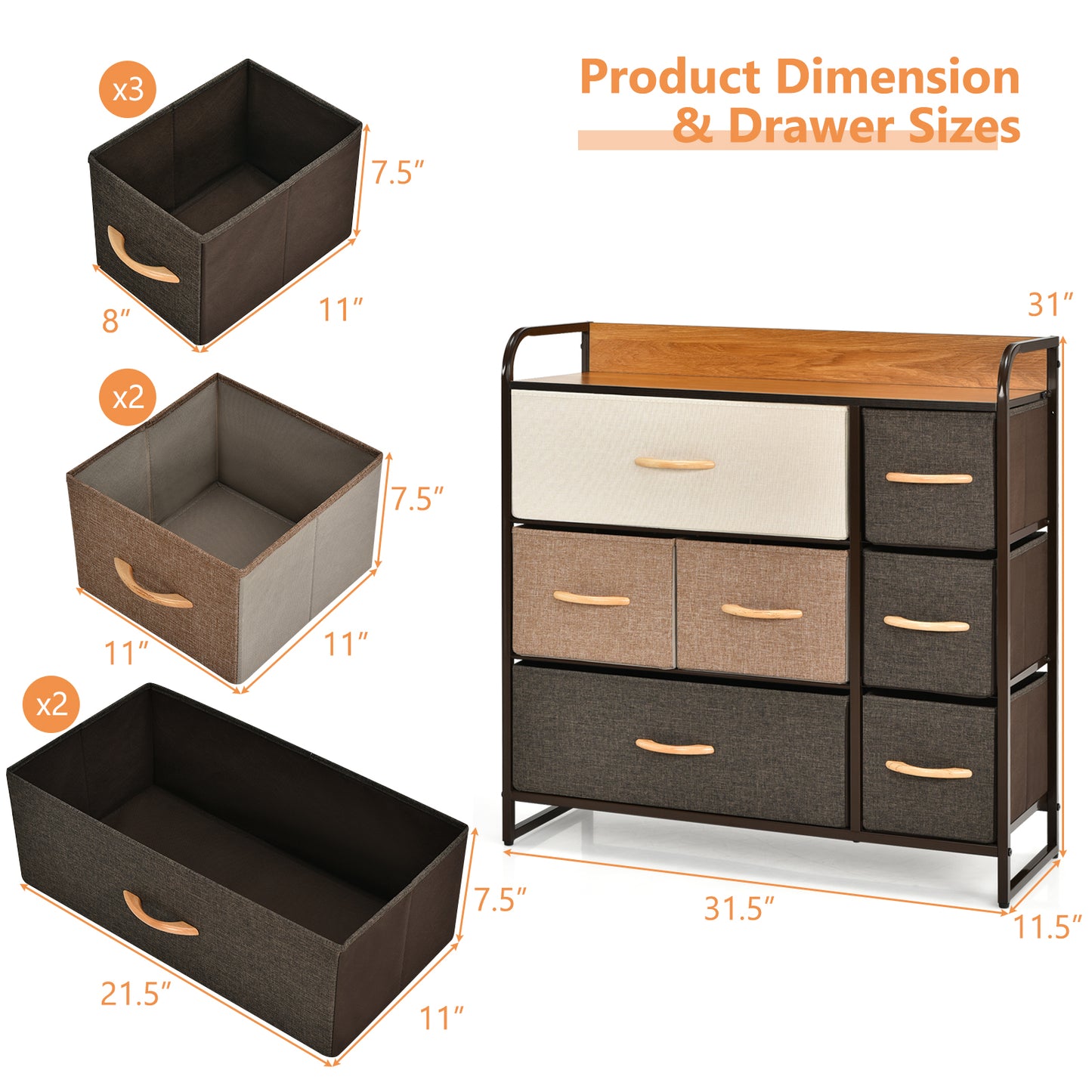 Fabric Dresser Storage Chest with 7 Drawers and Wooden Top for Bedroom or Entryway