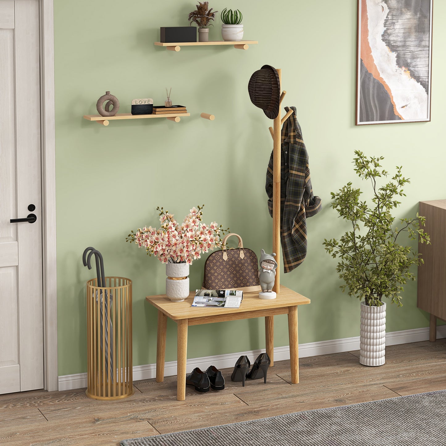 3 in 1 End Table with Coat Rack Solid Wood Freestanding Hall Tree