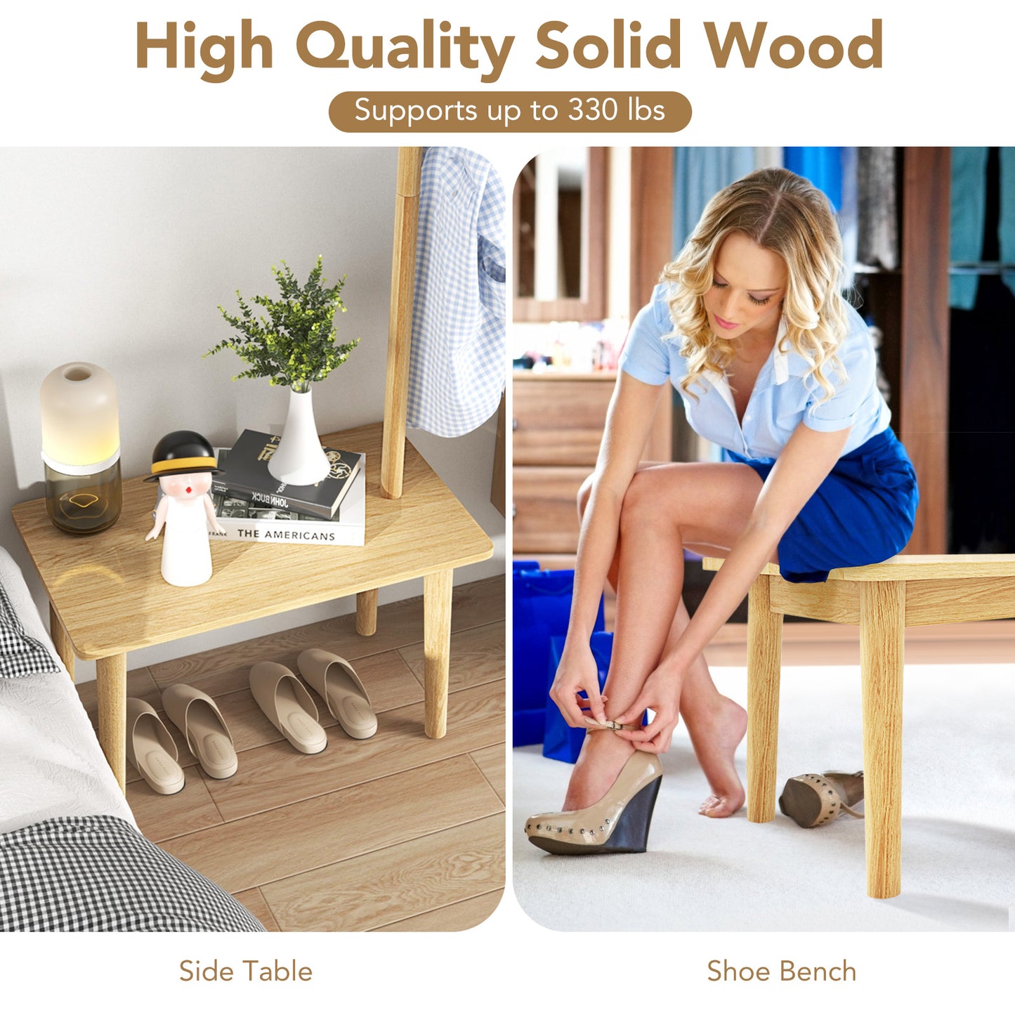 3 in 1 End Table with Coat Rack Solid Wood Freestanding Hall Tree