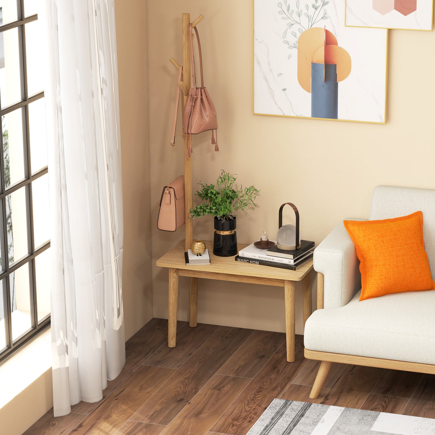 3 in 1 End Table with Coat Rack Solid Wood Freestanding Hall Tree