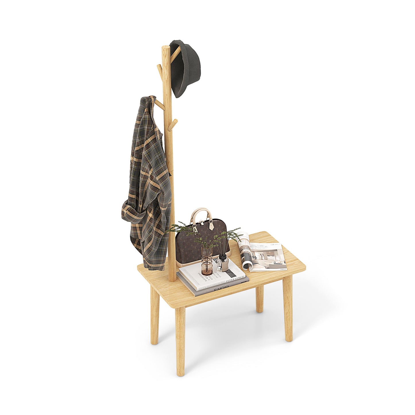 3 in 1 End Table with Coat Rack Solid Wood Freestanding Hall Tree