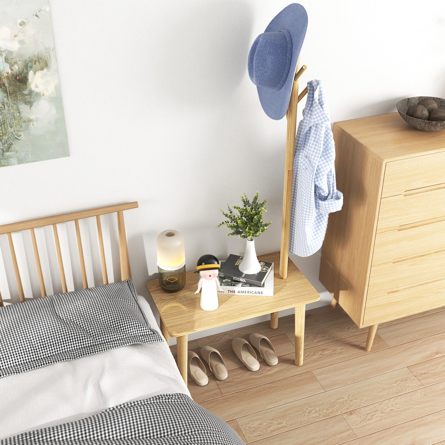 3 in 1 End Table with Coat Rack Solid Wood Freestanding Hall Tree