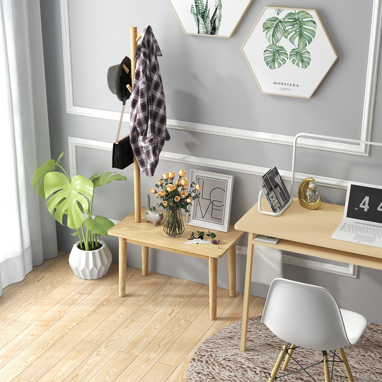3 in 1 End Table with Coat Rack Solid Wood Freestanding Hall Tree