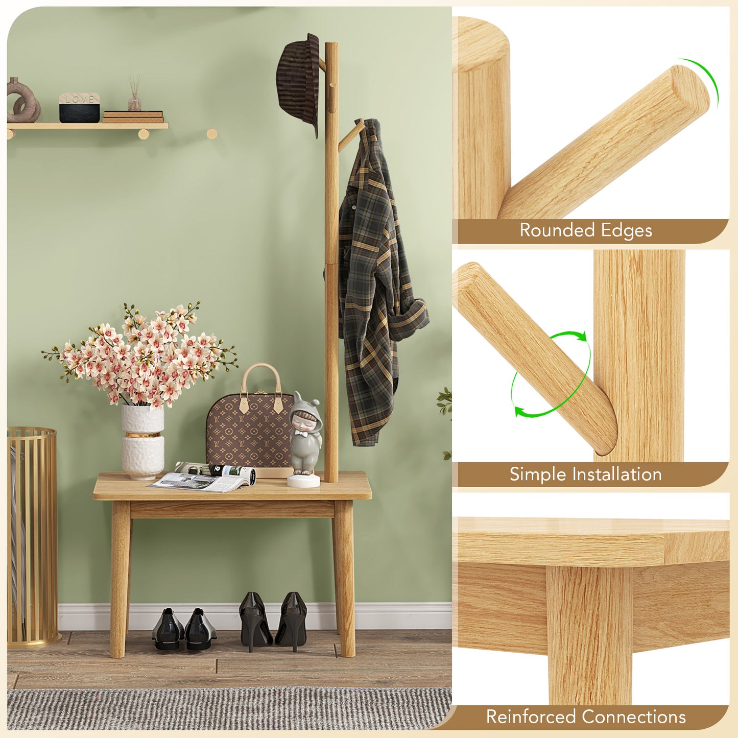 3 in 1 End Table with Coat Rack Solid Wood Freestanding Hall Tree