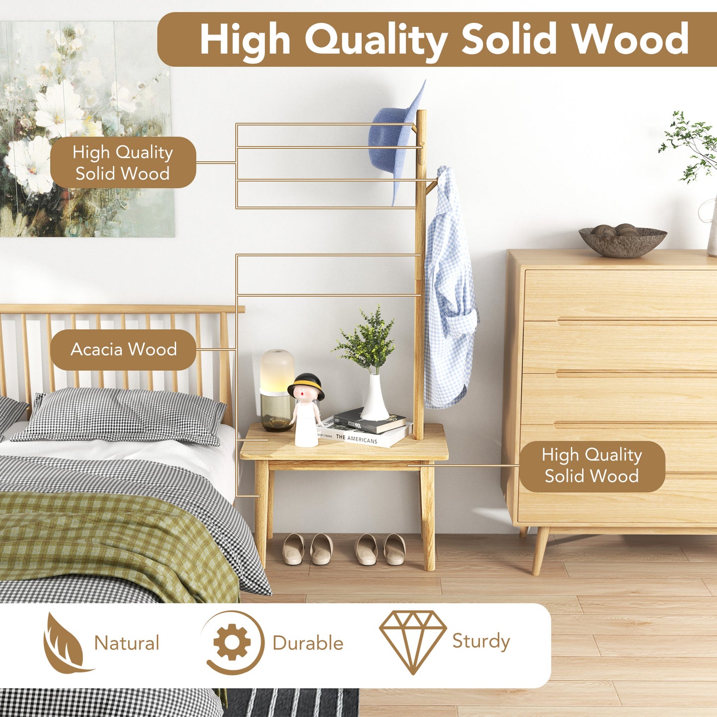 3 in 1 End Table with Coat Rack Solid Wood Freestanding Hall Tree