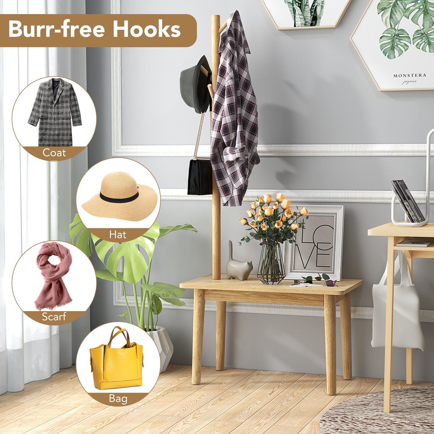 3 in 1 End Table with Coat Rack Solid Wood Freestanding Hall Tree
