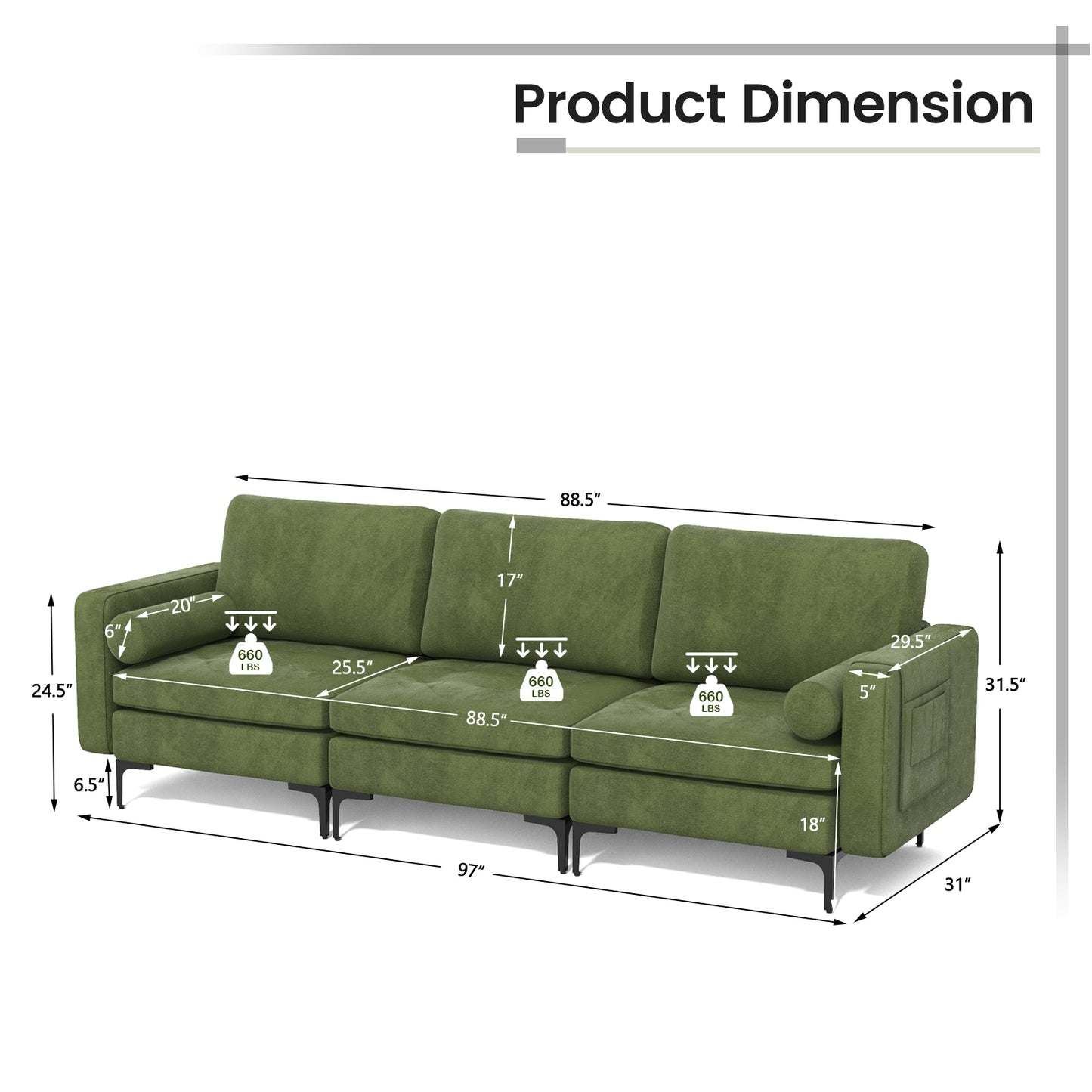 Modular 3-Seat Sofa Couch with USB Ports, Power Outlet and Storage Pocket in Green