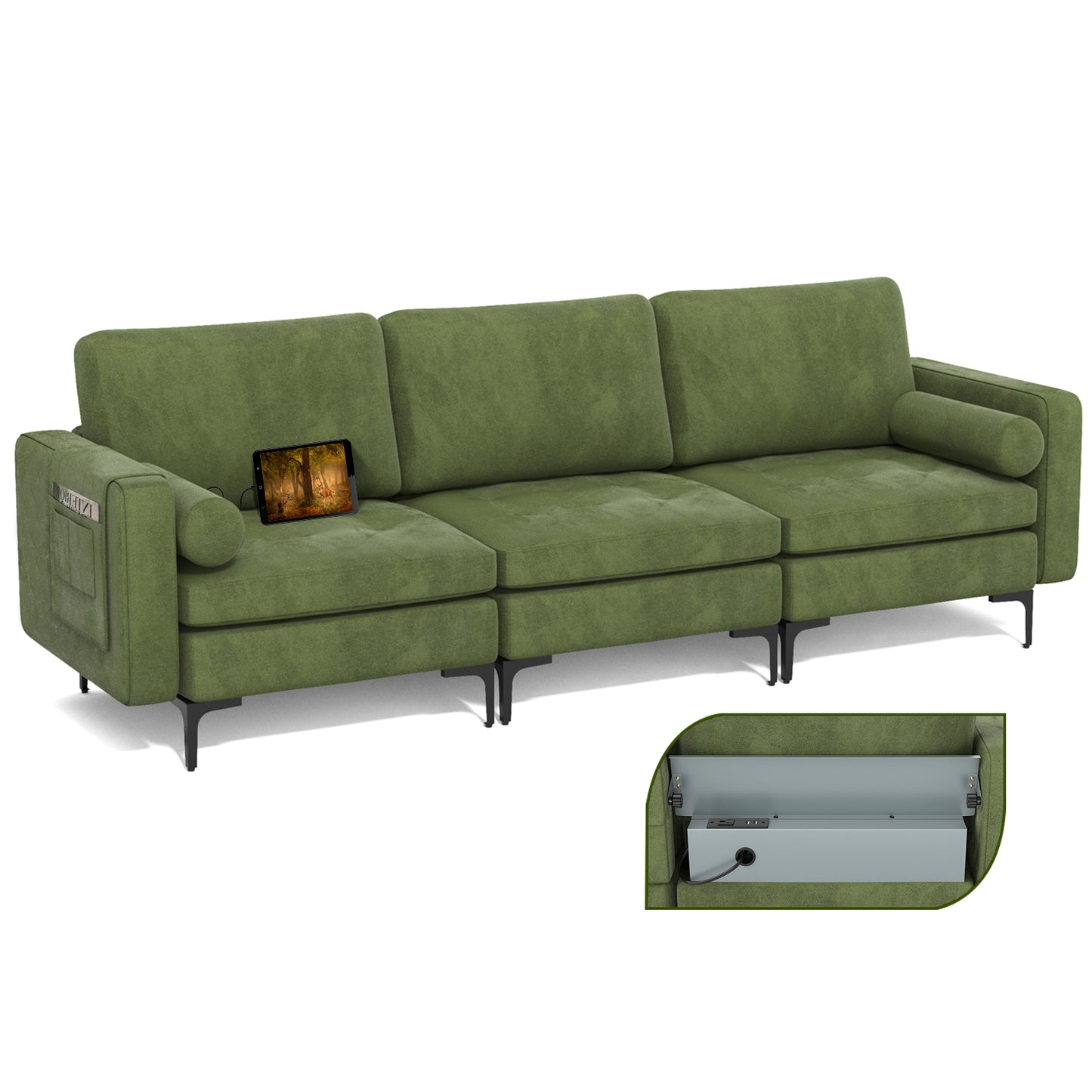 Modular 3-Seat Sofa Couch with USB Ports, Power Outlet and Storage Pocket in Green